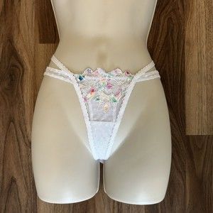 For Love & Lemons Strappy Flocked Dot Floral Embroidered Thong XXS NWOT